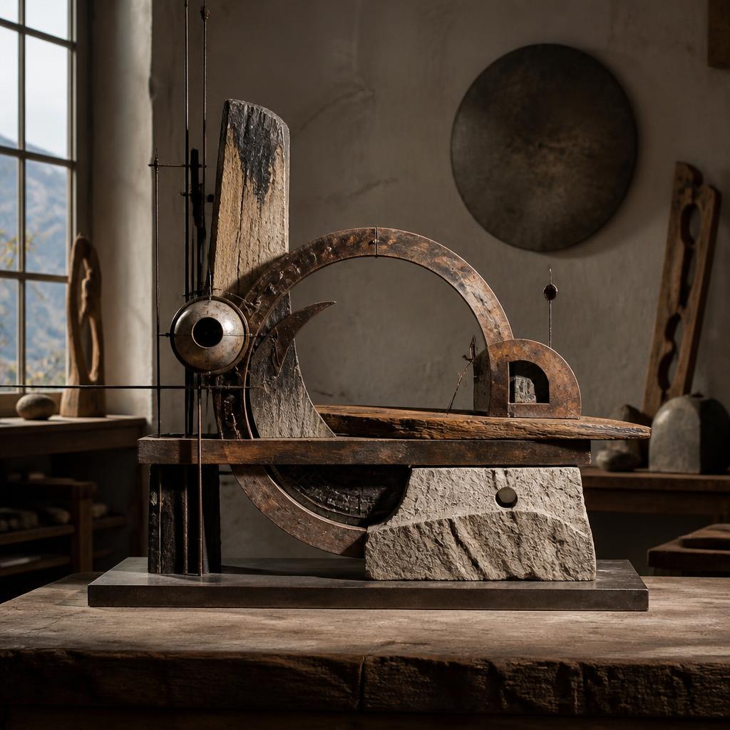 Freie Kunst aus Stein, Metall und gefundenen Materialien