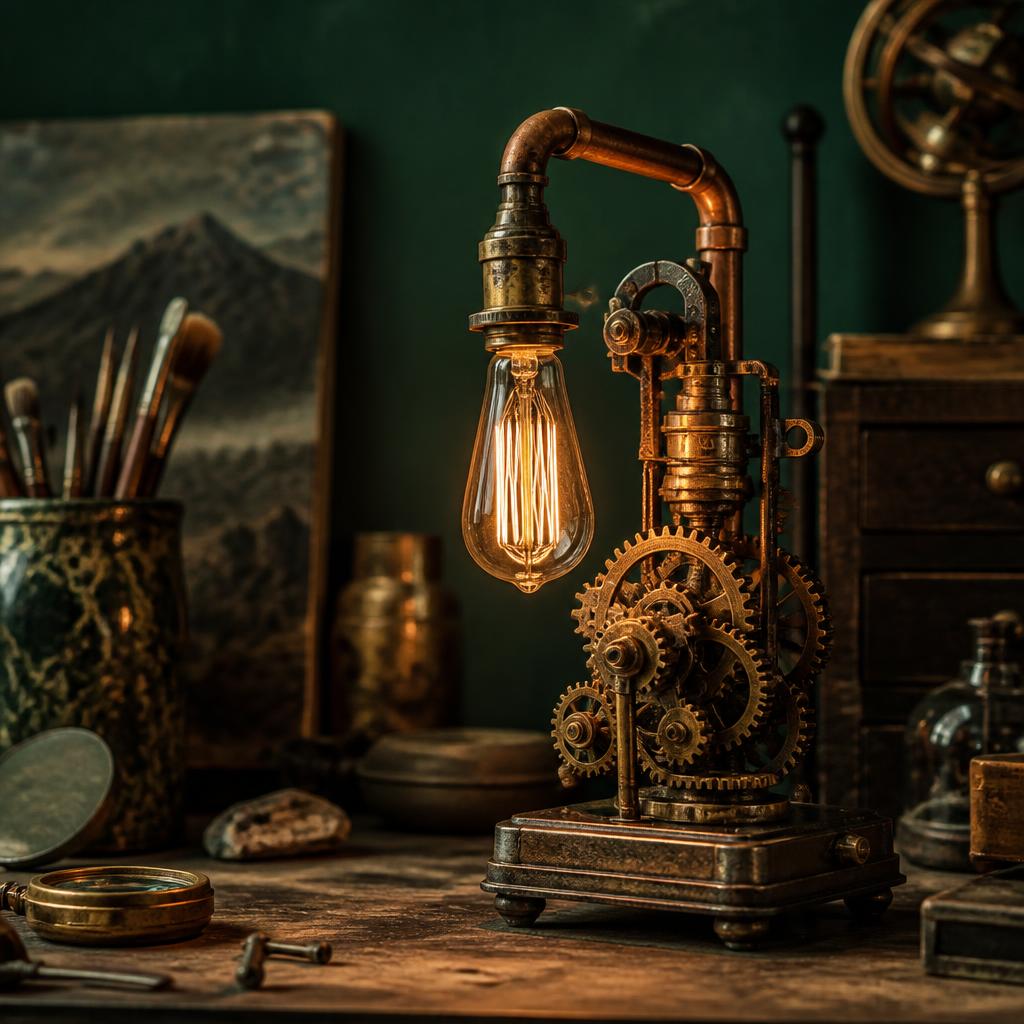 Künstlerische Steampunk-Lampe aus Metall und mechanischen Teilen